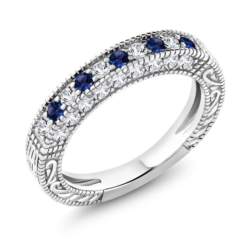 Gem Stone King Blue and White Created Sapphire Wedding Band Ring For Women | 925 Sterling Silver | 1.00 Cttw | Wedding Anniversary Promise Ring For Women | Size 7 - Image 1